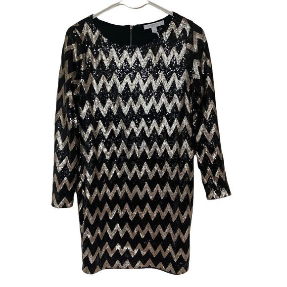 Piperlime Collection NEW sequin long sleeve mini formal dress zip zag gold black - Picture 1 of 6